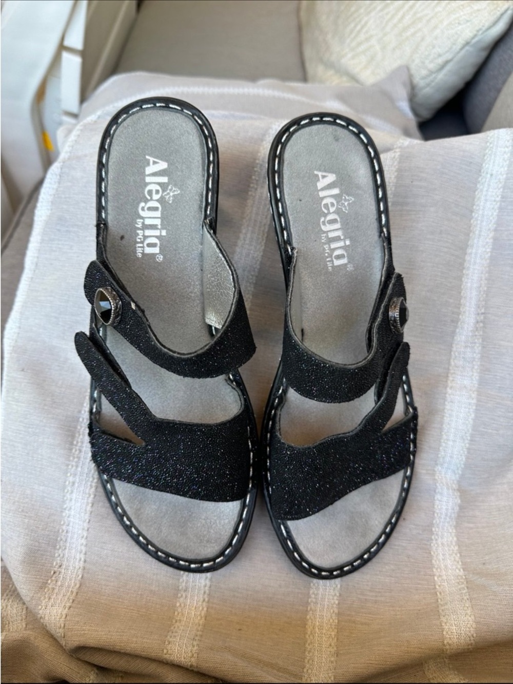 Alegria Black Glitter Slide Sandals with Adjustable Strap